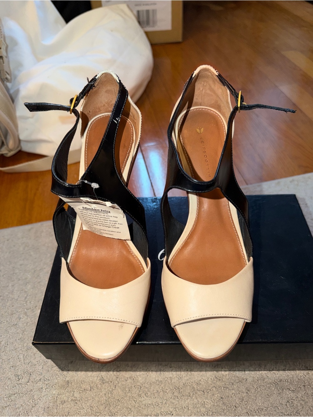 Leifsdottir Black and Cream White T-Strap Ankle-Heel Sandals